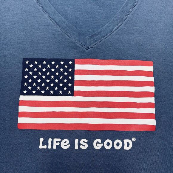 NWT Life Is Good American Flag Womens T-SHIRT Small Short Sleeve Blue USA Tee - Picture 2 of 8